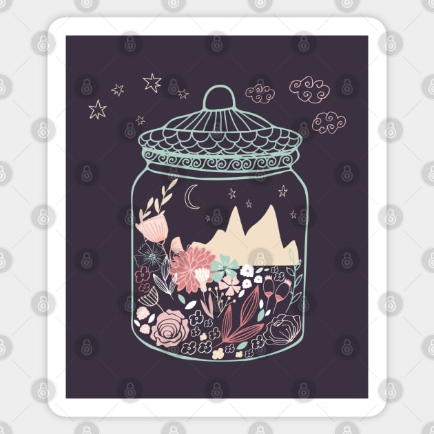 Small magical worlds: Moonrise over mountains (world in a jar) Sticker by Ofeefee